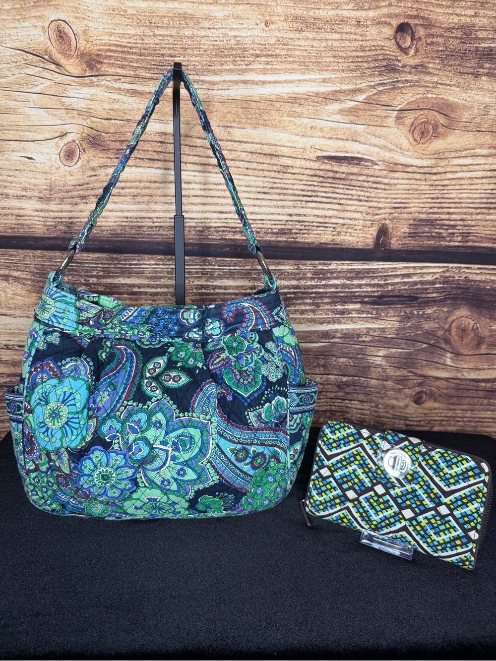 Vera Bradley Blue and Green Paisley Quilted Shoulder Bag with Wallet
